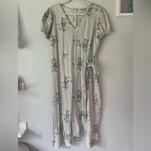 LOFT Gray and Green Floral Midi Dress